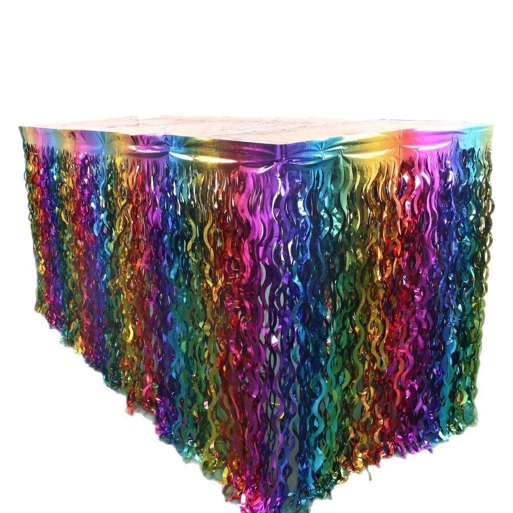 Rainbow Gradient Foil Fringe Table Skirt Wavy Design Table Decor Ornament Birthday Party