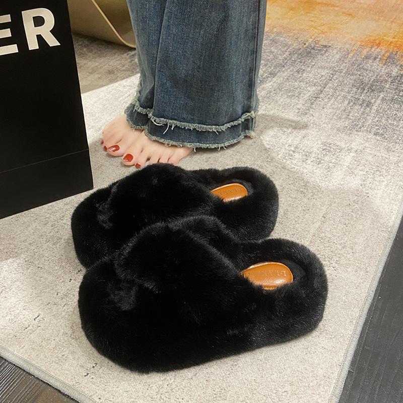 Cm Fluffy Shoes Women Wear  Internet Celebrity Explosion Autumn and Winter Go Out Thick-soled Plush Cotton Slippers