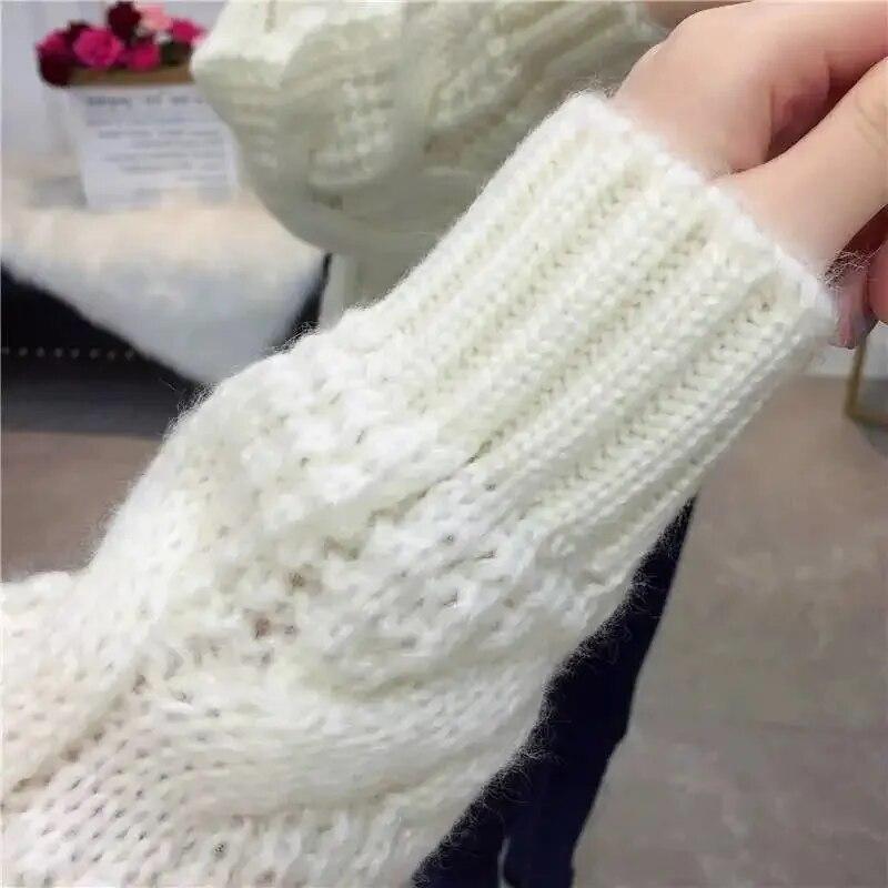 Turtleneck Sweater Thickened Loose Crochet Stripe Women Short Knit Pullover Warm  Pull Jumper Casual Commuting New Fashion Autumn Winter