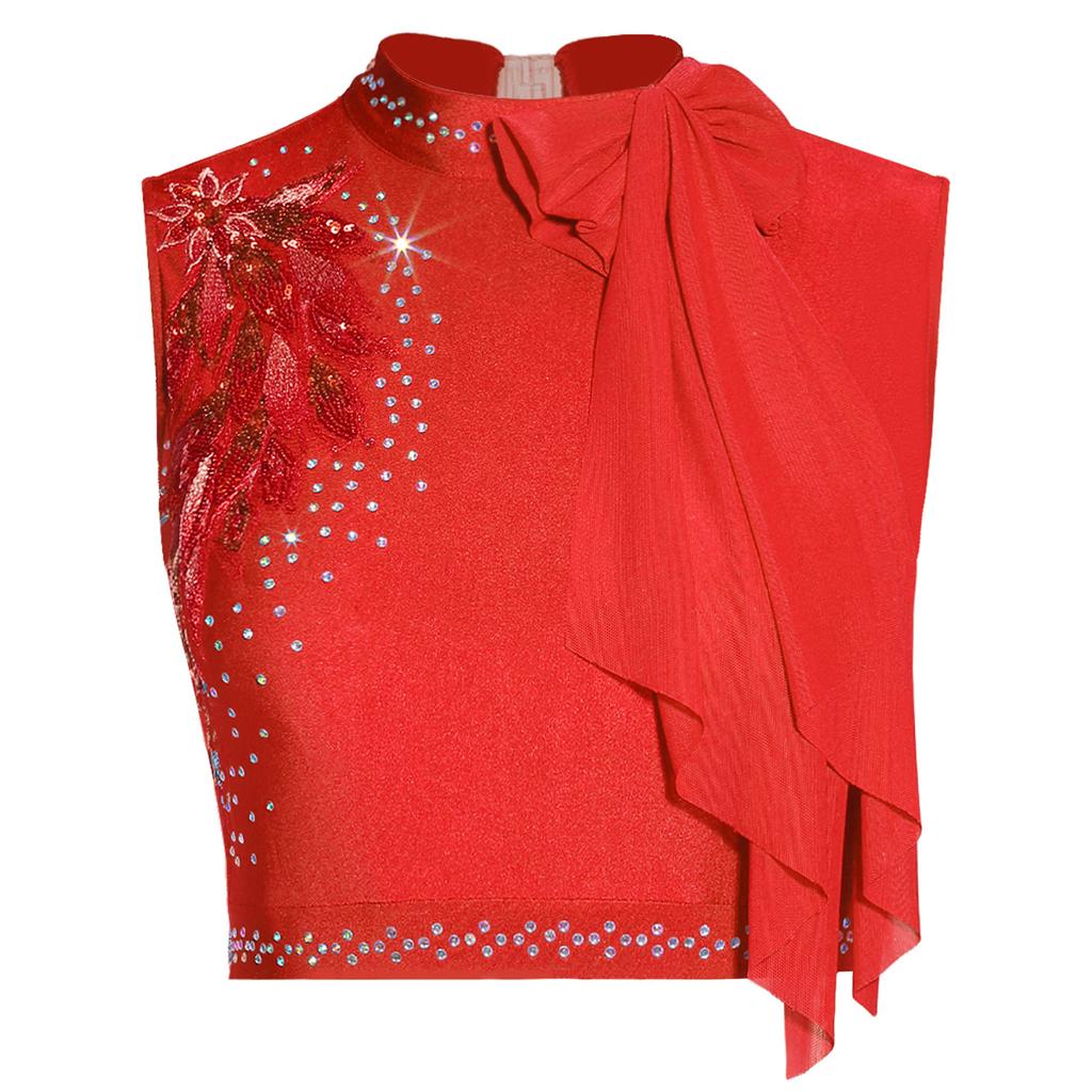 Womens Modern Dance Crop Top Sequin Embroidery Bow Decor Sleeveless Back Hollow Out Dancewear