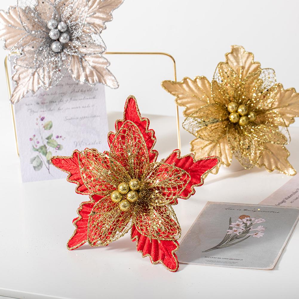 For Christmas Trees Christmas Poinsettia Christmas Flower Decoration Glittering High Quality Material Ornaments