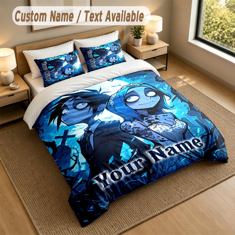 3Pcs Bedding Set Custom Name Text, 1 Sheet 2 Pillowcases Home Bed DecorCorpse Bride Emily Victor