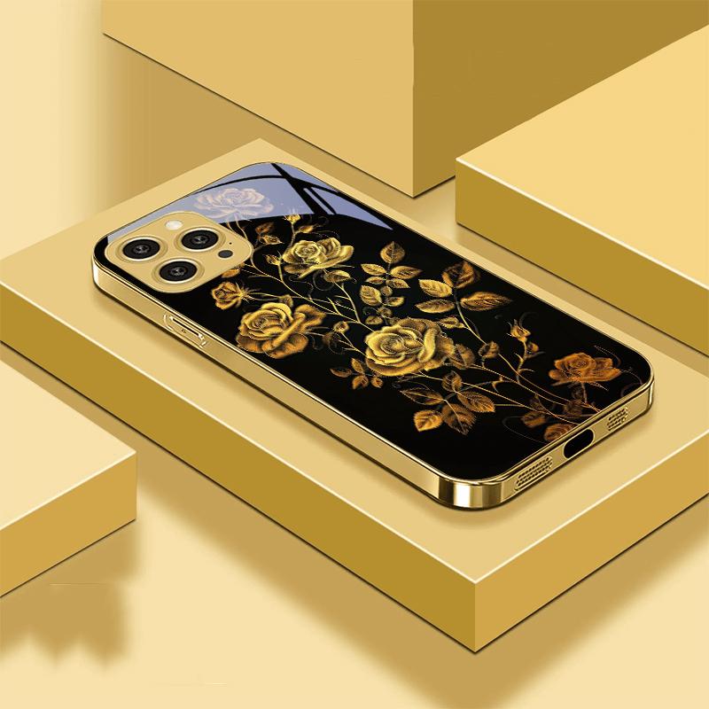Golden Rose Flowers For IPhone 16 Pro Max 15 P Ro 14 M Ax 13 Plus 12 Mini 11 XS Max XR Golden Tempered Glass Phone Case