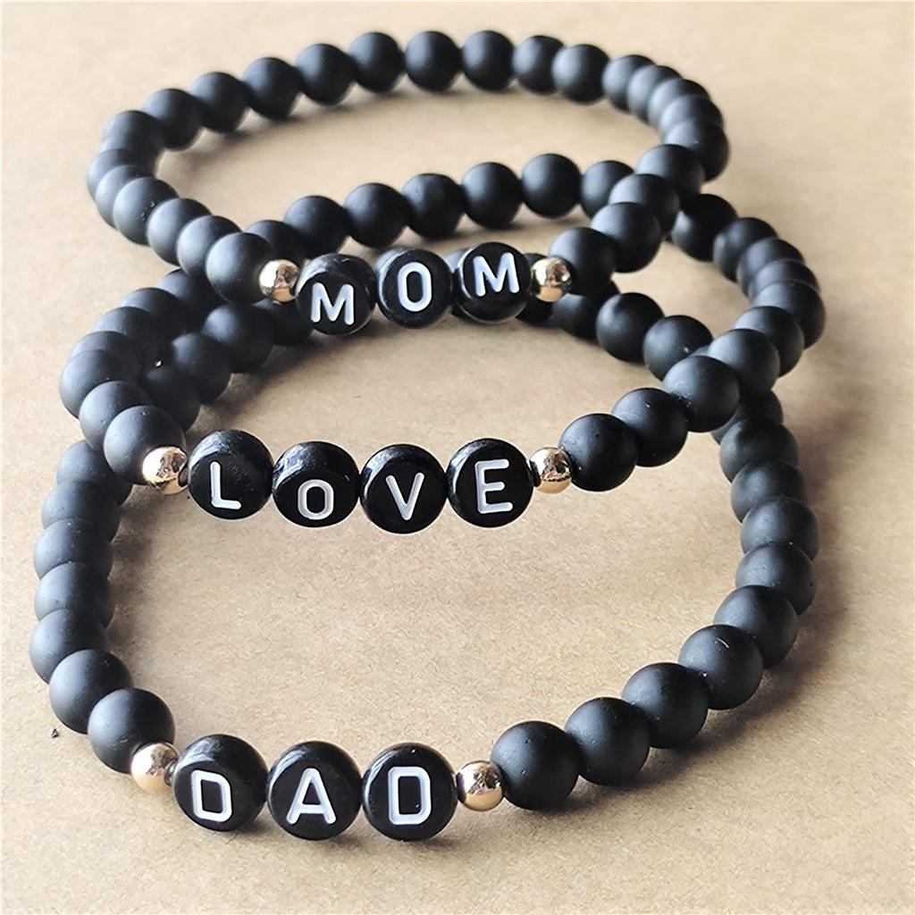 Natural Stone 6mm Beads Bracelet for Mom Mama Women Initial Letters Family Bless Bangles Mother's Day Gifts Jewelry Matte black