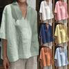 Women Spring and Summer Solid Half Sleeve Cotton Linen Top Plus Size V-neck Loose Casual Blouse