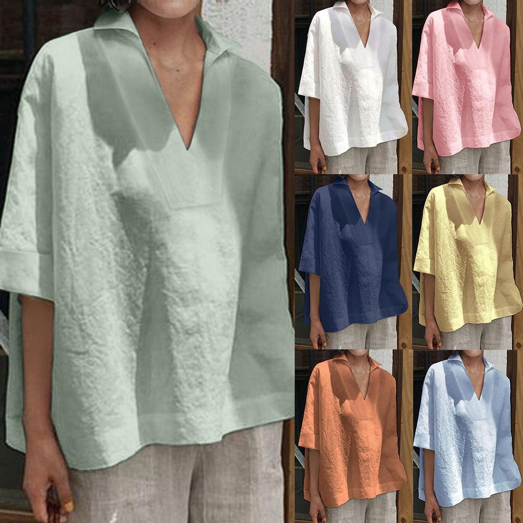 Women Spring and Summer Solid Half Sleeve Cotton Linen Top Plus Size V-neck Loose Casual Blouse