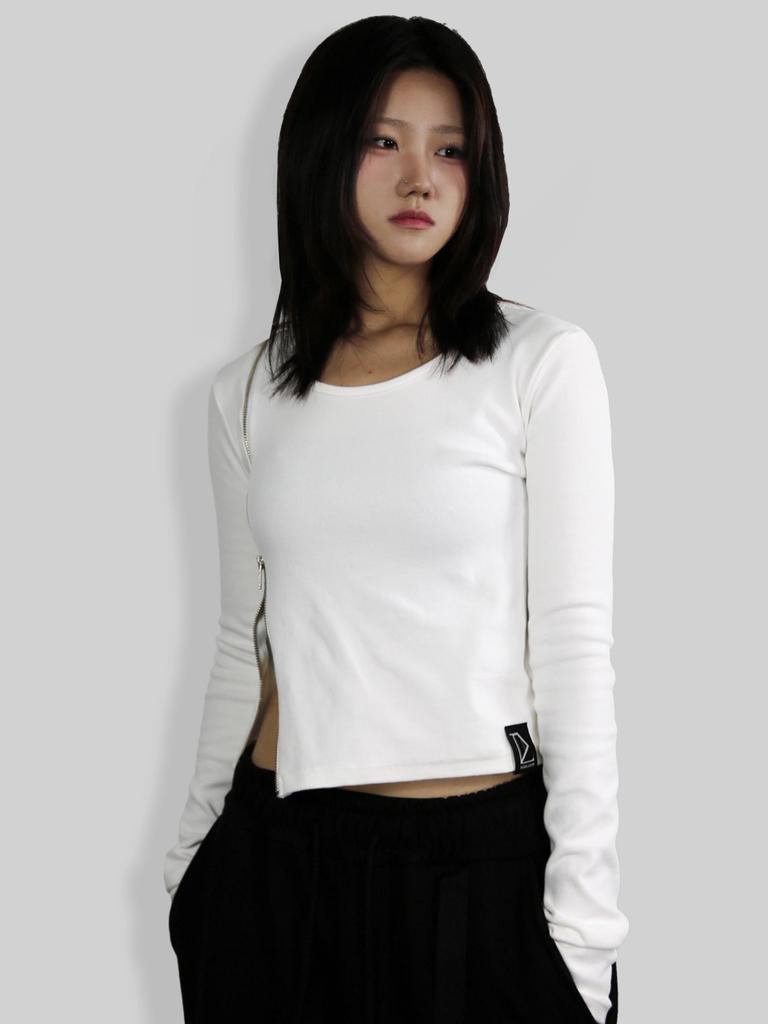 Digeunolusileu Zipper Side Slit Crop Long Sleeve Tee