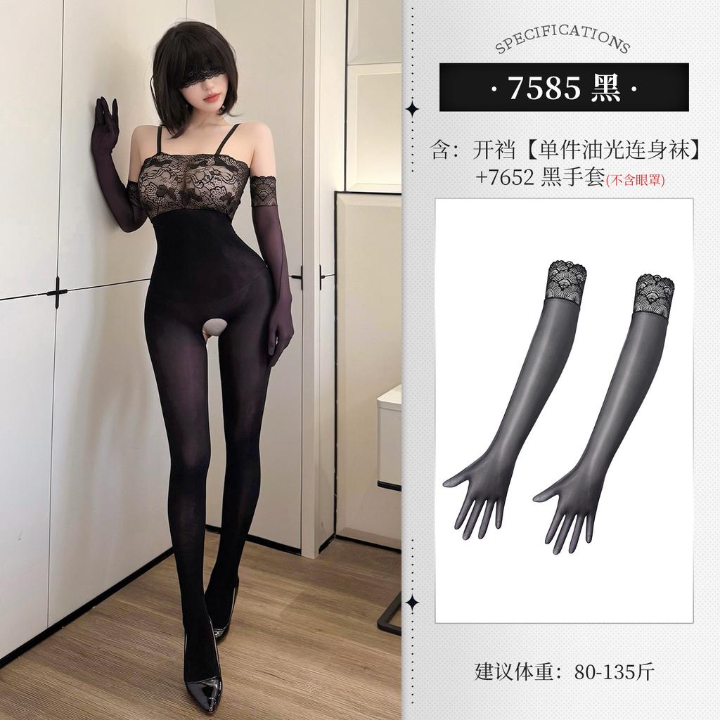 Feimu Lace Jumpsuit Tube Top See-through Open Crotch Glossy Bodystocking Temptation Sexy Women Rompers Clothing Body Suits YOZ8