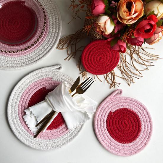 Cotton Rope Coaster, Color Block Heat Insulation Mat for Table, Thickened Potholder for Hot Dishes, Farmhouse Cup Mat
