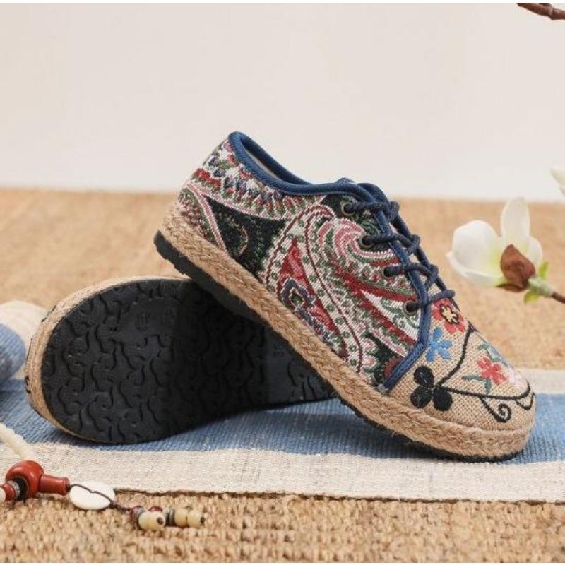 Fashion Women Shoes  Round Head Cotton Linen Canvas Single National Woven Round Toe Lace Up Cloth Shoes Woman Flats Size 35-40