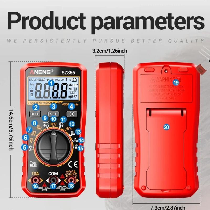 Aneng SZ856 Digital Multimeter 6000 Counts Anti-burn AC/DC Voltage Current Tester NCV Capacitance Temperature Meter High Precision Electrician Tools