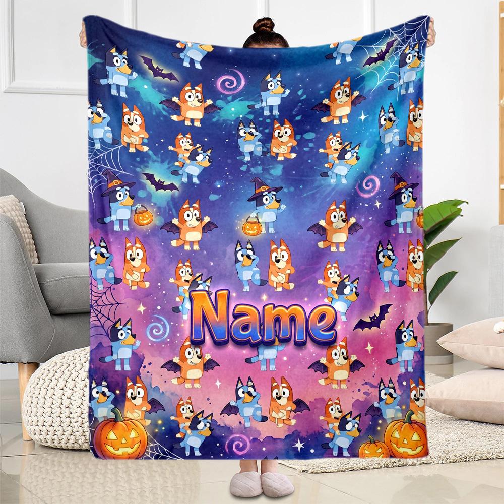 Bluey Halloween Night Personalized Name Blanket Lightweight Customizable Blanket Soft Warm Cozy Suitable for Livingroom Couch Chair Sofa