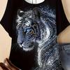 Women T‑Shirt Cool Glitter White Tiger Head Animal Print Short Sleeve Crew Neck Casual Black Summer Tops