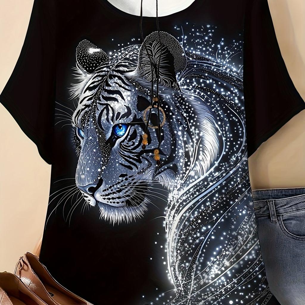 Women T‑Shirt Cool Glitter White Tiger Head Animal Print Short Sleeve Crew Neck Casual Black Summer Tops