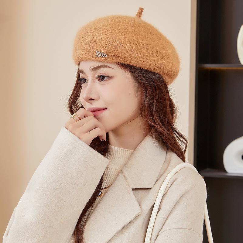 Beret Hat Women's Autumn and Winter Style Face Showing Little Painter's Hat Trendy New Large Head Circumference Rabbit Fur Knitted Newsboy Hat