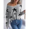 Women's V-Neck Star-Print Sweater Ragged Hem Style Long Sleeves Knitted Pullover