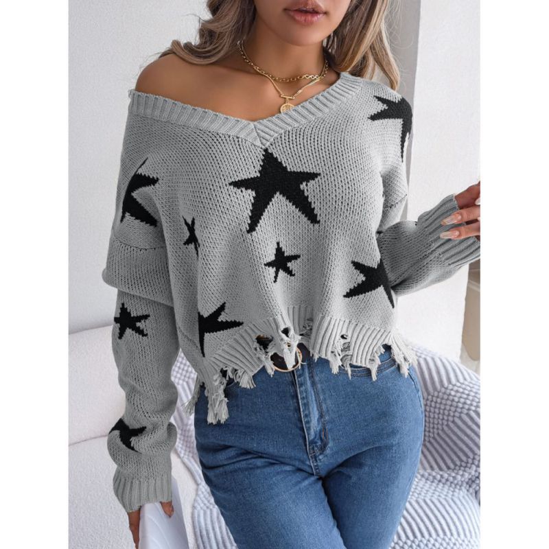 Women's V-Neck Star-Print Sweater Ragged Hem Style Long Sleeves Knitted Pullover