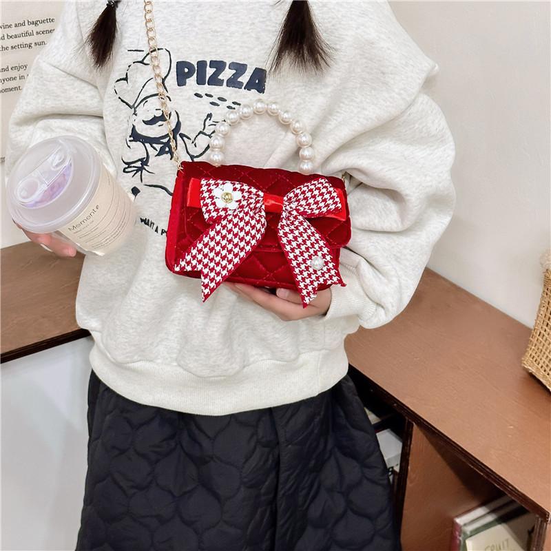 Butterfly Knot Stylish Girls Handbag Pearl Shoulder Bag For Children With Design Cute