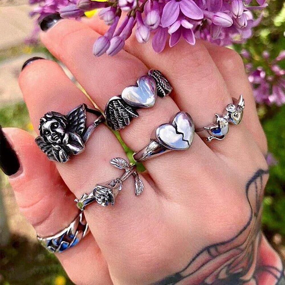 iF ME Hip-hop Creative Butterfly Flame Smile Crying Face Ring Gothic Punk Heartbreak Skull Rings For Women Men Couple Fashion Jewelry
