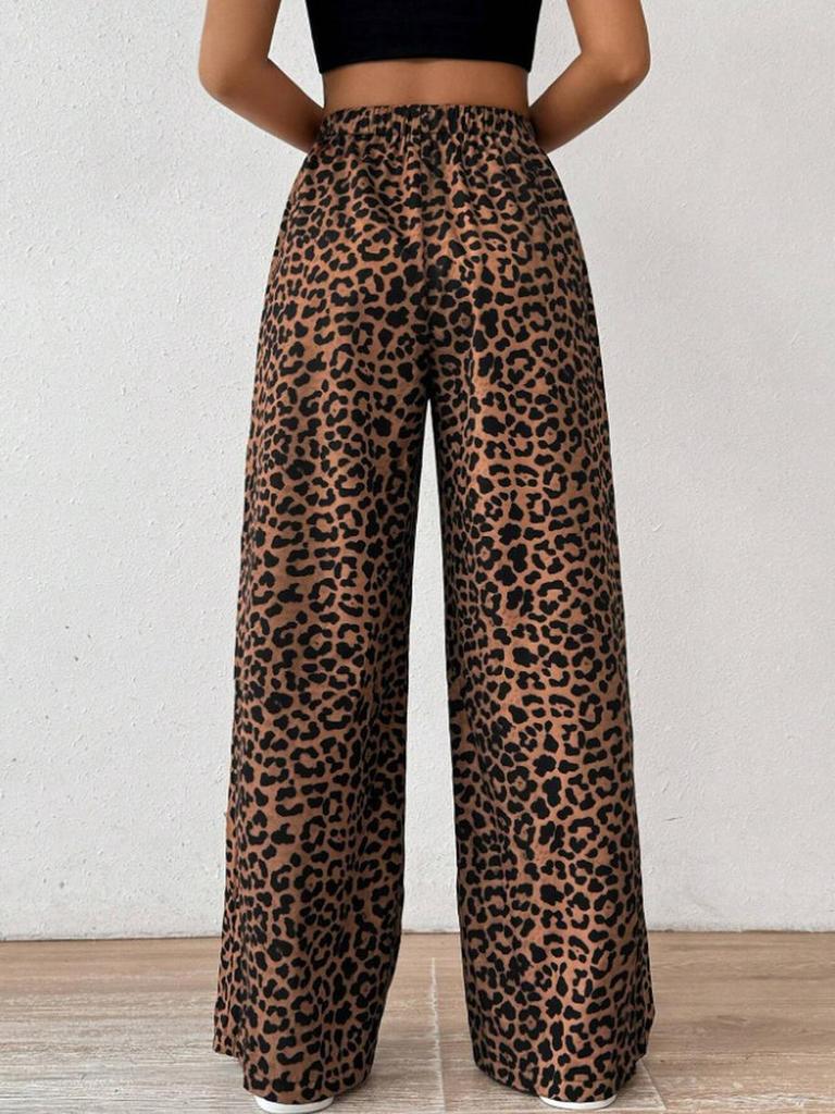 New Arrival Women's Autumn Fashion Leopard Print Loose Wide Leg Pants with Elastic Waist