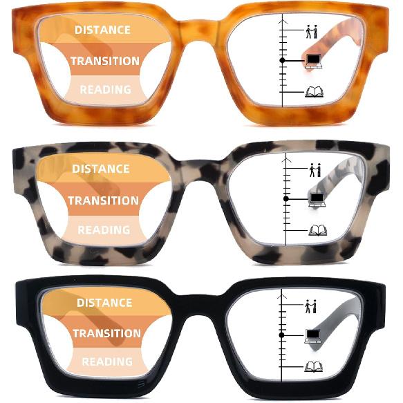 3 Pack Progressive Multifocal Reading Glasses for Women Retro Square Multifocus Readers Blue Light Computer Glasses