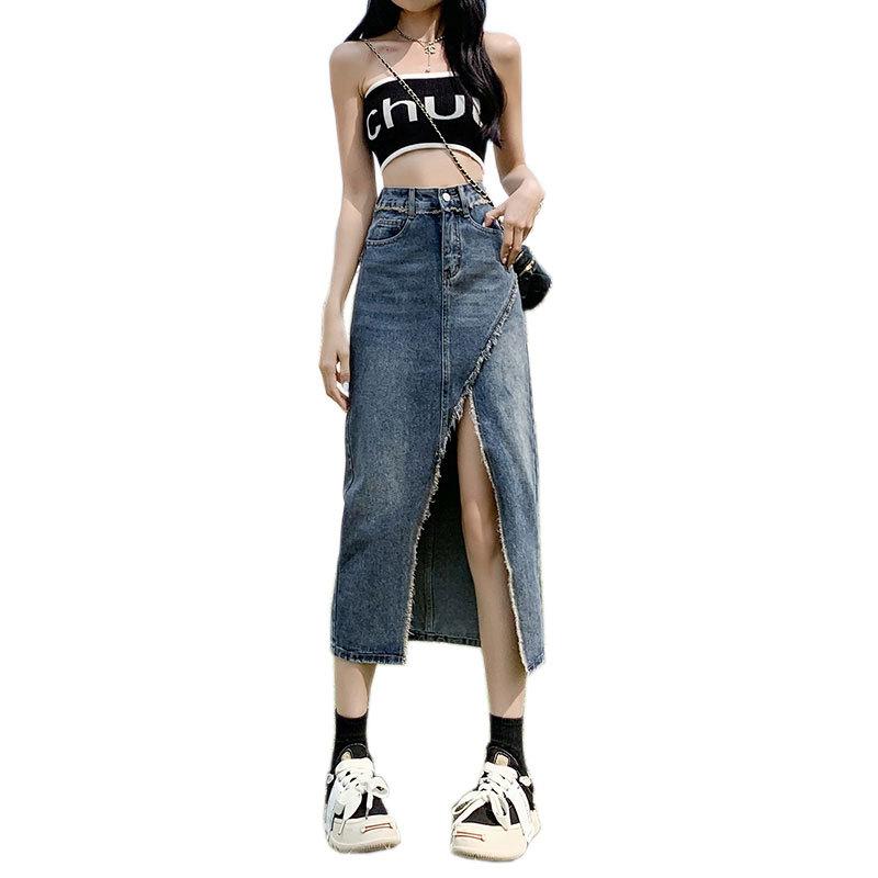 Elegante Mujer Irregular Mujer Crudo Borde Abertura Cintura Alta Diseño Paquete Cadera Falda A-Línea Midi Versátil Cómoda Moda Denim Bustier Falda