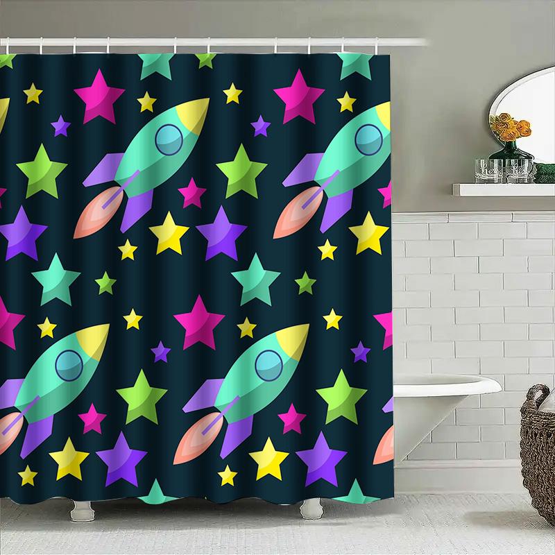 Brightly Colored Rocket Ships Shower Curtain For Kids Bathrooms Waterproof Fabric Print Decorative Bathroom Accessories Set Incl