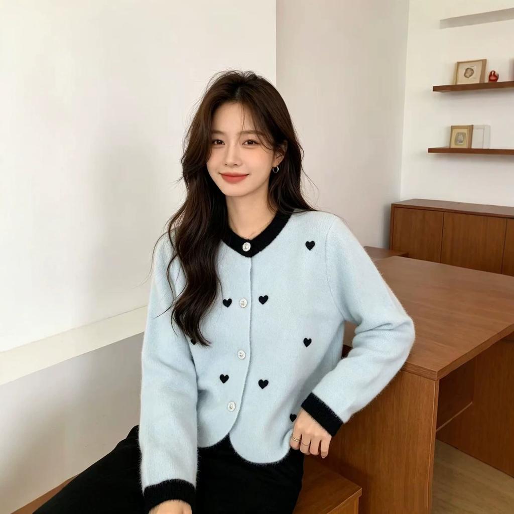 Temperament love sweater jacket women's 1011 autumn and winter new versatile loose imitation mink velvet knitted cardigan
