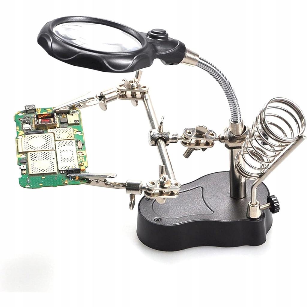 Third hand with magnifying glass 3.5x 12x TE-801 | LED 2x | Soldering iron holder | Adjustable crocodile clips | Stable base 10x6cm | Height 26cm
