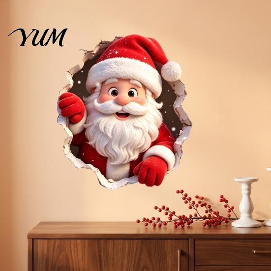 Self Adhesive Christmas Decorations 3D Santa Claus Wall Stickers, PVC Decals with Realistic Breaking Holiday Stickers for Cabinets Effect, Peel