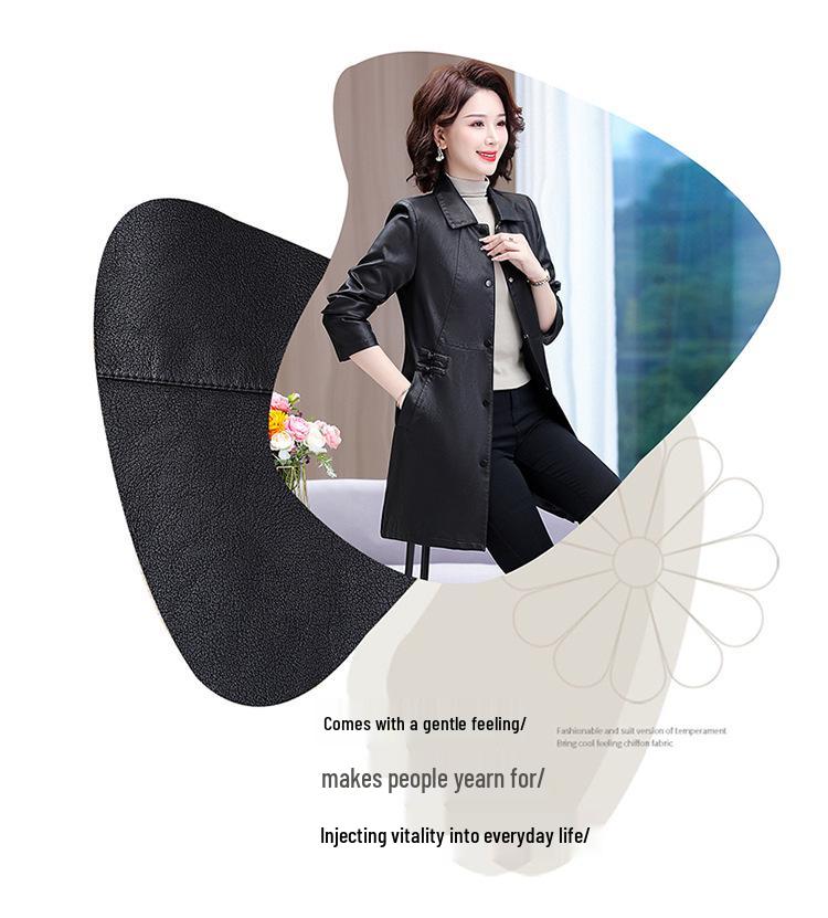 Stylish Leather Trench Coat for Middle-Aged Women - Spring & Autumn Slim-Fit, Washed Leather