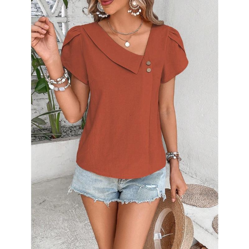 2026 Summer New Oblique Collar Loose Women Blouse Casual Solid Color Shirt Ladies Simple Button Sweet Petal Sleeves Tees Tops Fashion Elegant Clothes