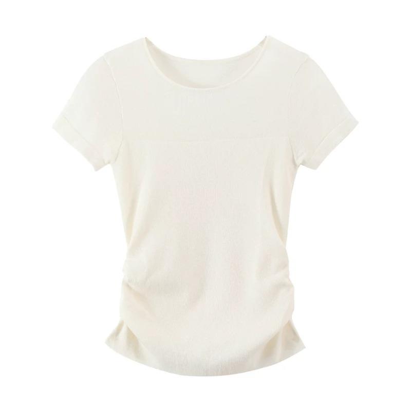 

Korean Style Pure Waist-hugging and Pleated Thin Short-sleeved Knitted T-shirt In Summer New Slim Body S