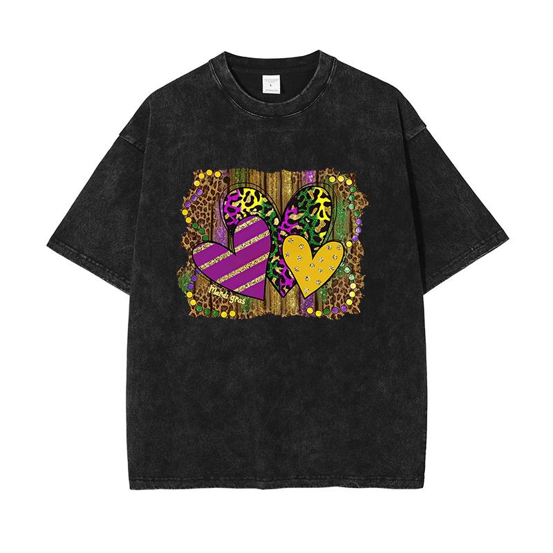 

Harajuku Men s Pure Cotton Washed T-shirts Casual Loose Short Sleeve Vintage Carnival Party Heart Printing Tunics S