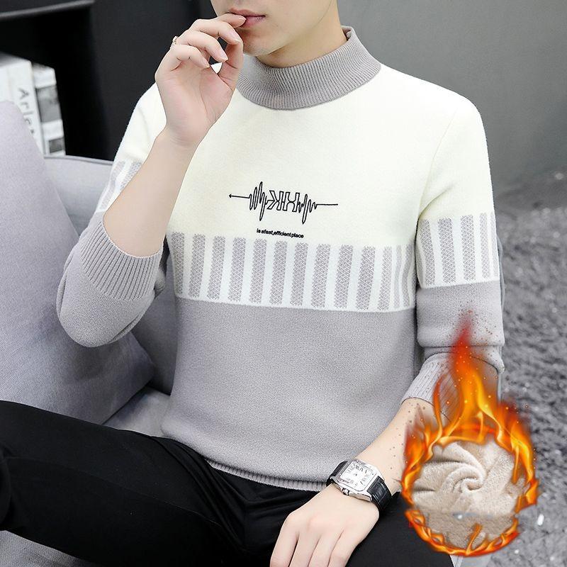 Men's Autumn Winter Turtleneck Flocking Letter Pullover Solid Long Sleeve Sweater Knitted Casual Undershirt Vintage Loose Tops
