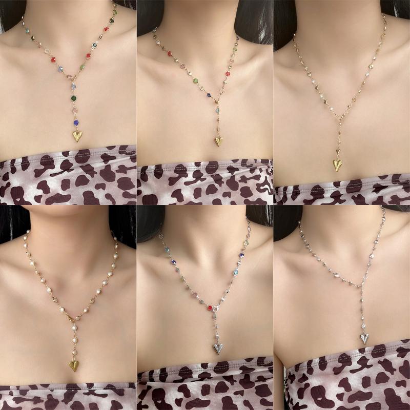 Trendy Gold Silver Color Glass Long Y-Shaped Heart Pendant Necklace Metal Clavicle Chain Bohemian Body Jewelry Party Gifts