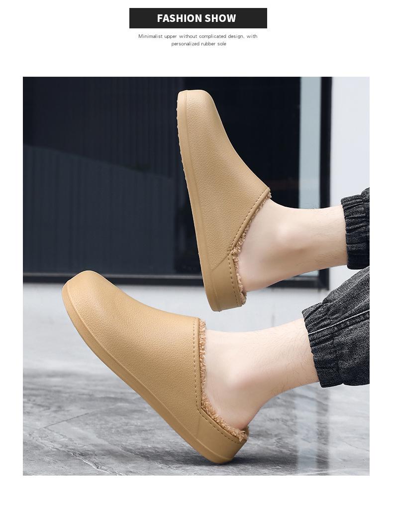 Men's Winter 2025 Non-Slip Waterproof Cotton Slippers: Leather & Fur, Thick Sole, Plus Velvet, Indoor.