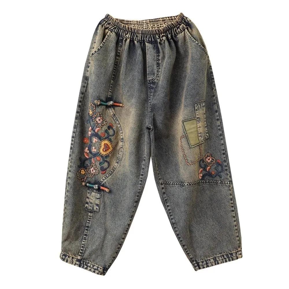 Künstlerische Retro-Stickjeans Damenbekleidung Frühling Herbst Locker Hohe Taille Elastische Denimhose Weibliche Freizeithose