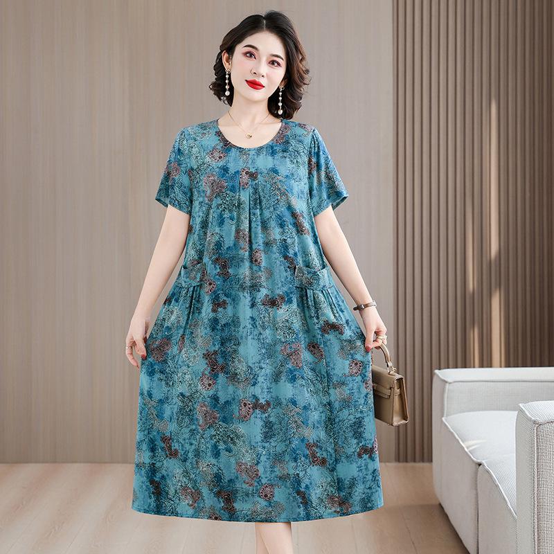 Women Plus Size Midi Dress Short Sleeve Floral Print Cotton Silk Loose Casual Mom Dress