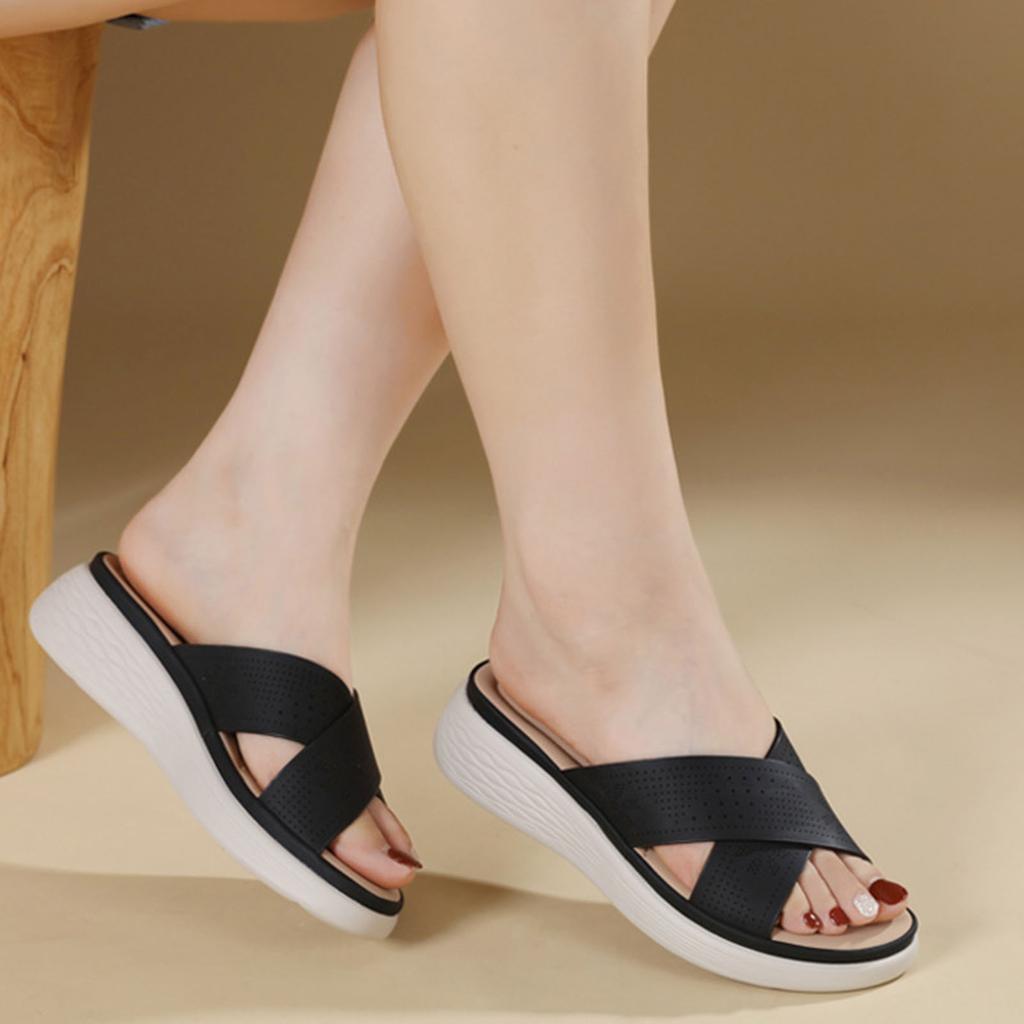 Damen Pantoletten zum Hineinschlüpfen Offene Zehenpartie Elegante Sommersandalen Flach mit Fußgewölbeunterstützung Verstellbare Riemen Bequeme Schuhe für Strand und Spaziergänge