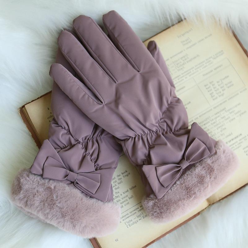 Student female winter cycling bow thickened cold-proof cute winter gloves velvet warm
