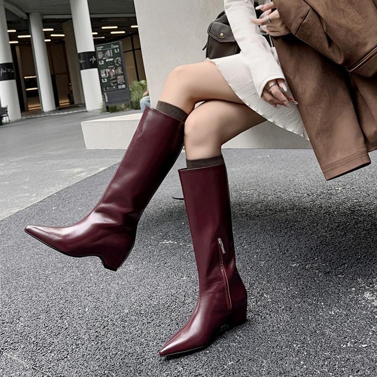 High version boots women's autumn and winter 2025 new pointed thick heel high tube side zipper wide tube boots fashion boots