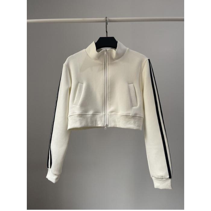 

Женский повседневный кардиган в полоску - облегающий крой, молния, воротник-стойка, осенний стиль M белый