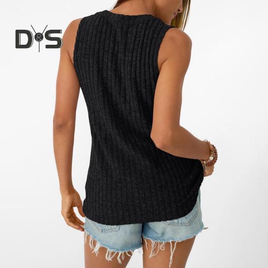 Women Tops Round Neck Sleeveless Slim Fit Knitted Tops Solid Color Elastic Ribbed Tank Tops Daily Wear