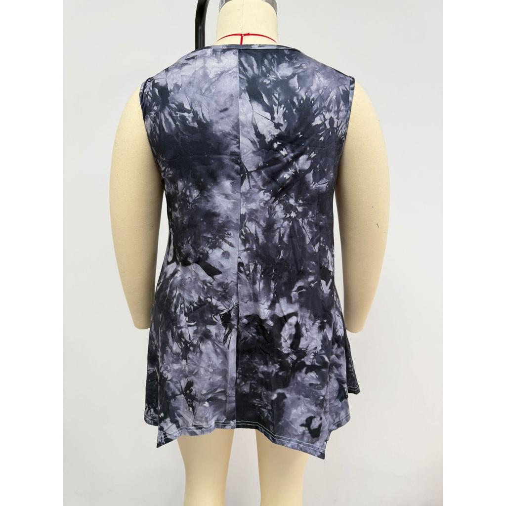 Summer Tie Dye Print V Neck Irregular Hem Sleeveless Plus Size T-shirt Top for Women