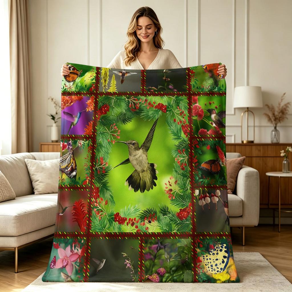 All Season Hummingbird Butterfly Floral Print Flannel Blanket Soft Warm Cozy Throw Blanket for Couch Sofa Bed Office Home Living Room