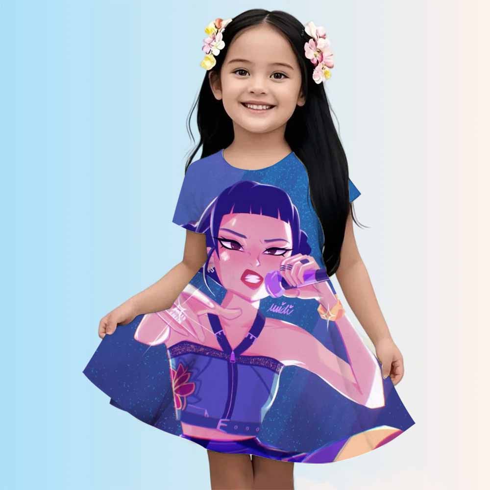 3-14 Year Old Girl KPop Demon Hunters 3d Printed Short Sleeved Dress Loose And Comfortable Party Dress 100-160