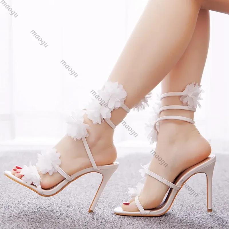 Shoes Woman Strap High-heeled SandalsWomen's White Flower Female Banquet Wedding Dress Bridal Shoes Princess Sandals Ladies