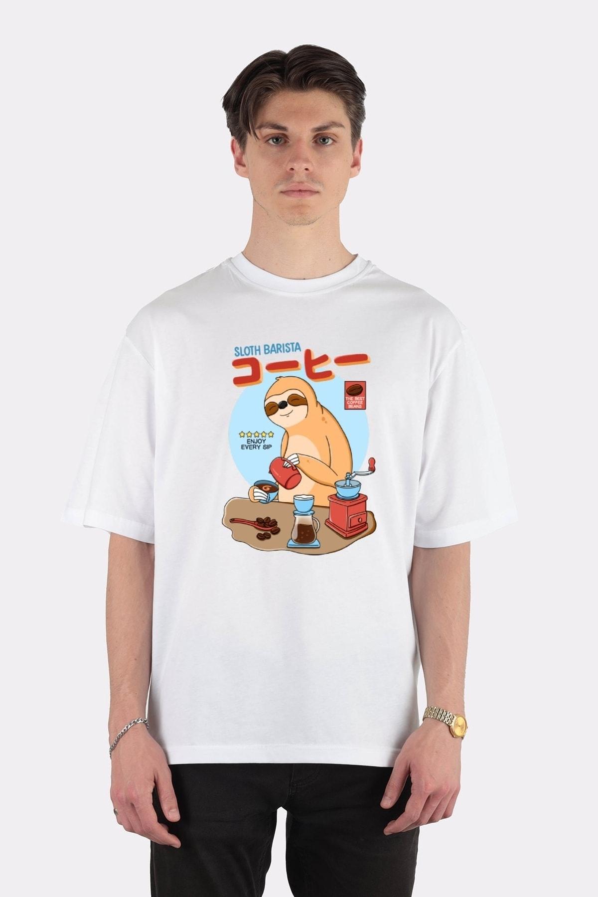 

Unisex White Oversize T-shirt Sloth Barista