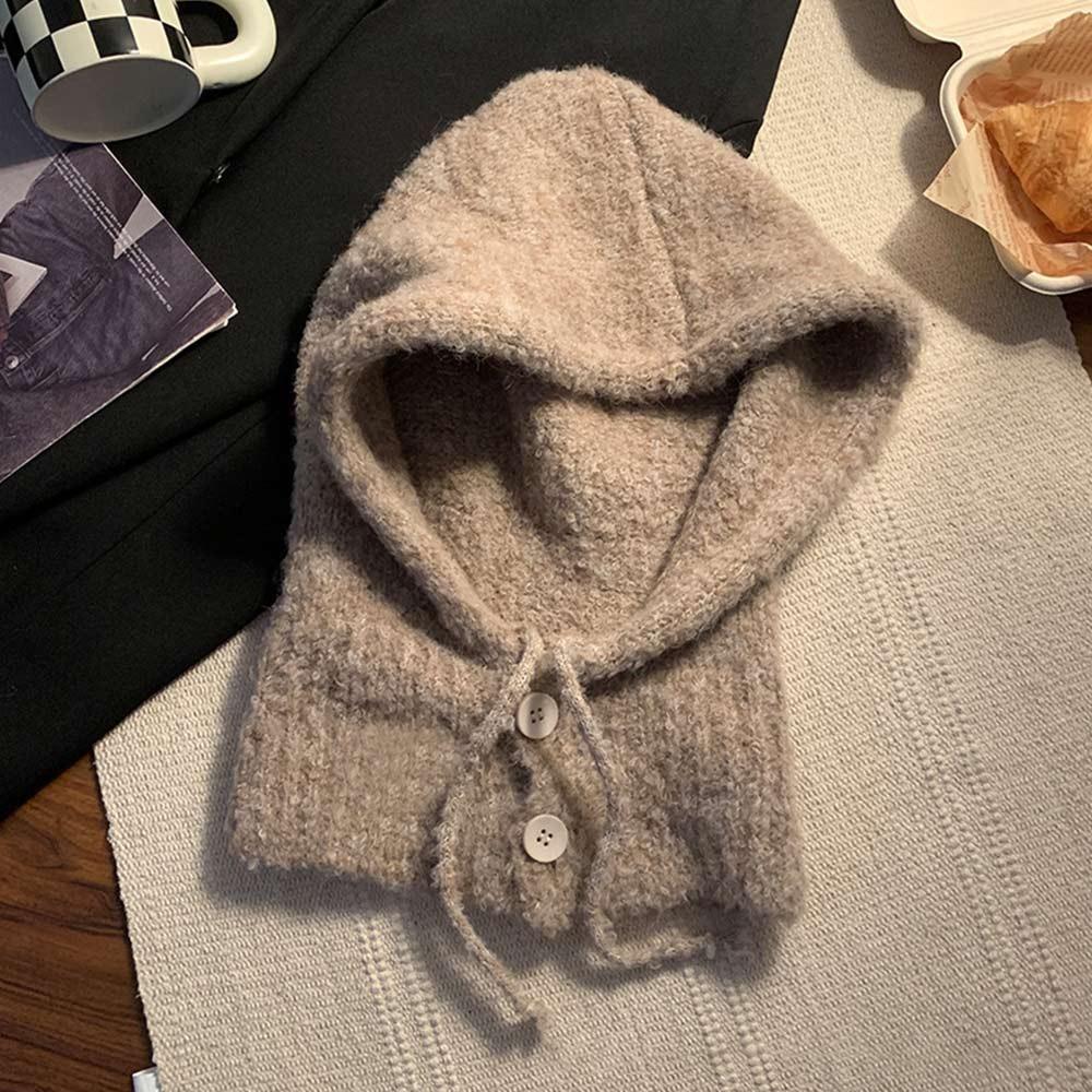 Solid Color Women  Balaclava Hat and Scarf Integrated Windproof Cap Knitted Pullover Hat  Outdoor